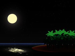 Tropical Island under a night sky with full moon.