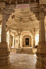 Interior view of famous Jain temple (Adinatha temple) in Ranakpur, Rajasthan, India.