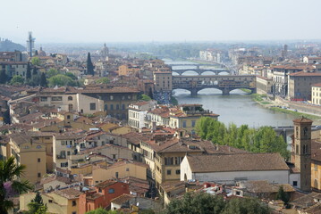 Fototapeta na wymiar Florence, Italy: aerial view of the city centre, the river and Ponte Vecchio bridge