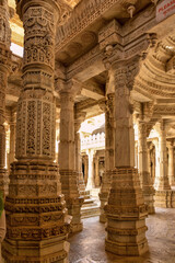 Interior view of famous Jain temple (Adinatha temple) in Ranakpur, Rajasthan, India.