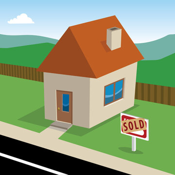 real estate concept, illustration of a house with sold sign, vector illustration 