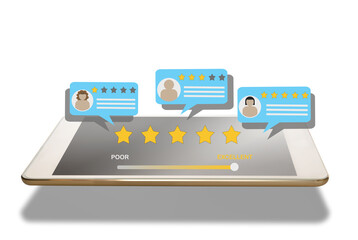 Fototapeta premium Review rating bubble speeches on computer tablet on white background. Five stars feedback concept and business success technology idea