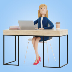 Woman secretary at the workplace. 3d illustration of a cartoon character.