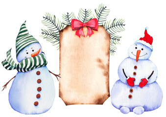 Christmas snowmen and parchment greeting card.
