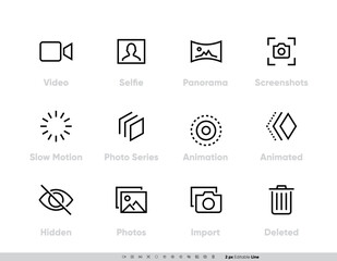 Media Files vector icon set. Camera And Photography set with Selfie, Panorama, Screenshots, Slow Motion, Photo, Series, Animation, Animated, Hidden Photos, Import and Delete Line icons for Photo App