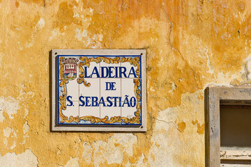 Vintage portuguese Azulejo ceramic tilework in Tavira. Algarve, Portugal