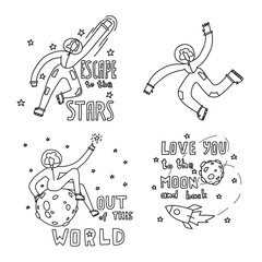 Space coloring page. Space travel illustration. Doodle space illustration. A set of illustrations on the space theme.