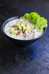 cold soup vegetables greens okroshka food background top view copy space organic eating healthy keto or paleo diet raw 