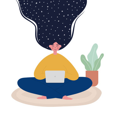The girl sits in the lotus position on the carpet and works in a laptop with home plant in background. A character for a concept on a space theme. Stock vector illustration in flat style