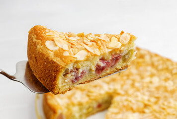 Closrup piece of homemade gooseberry pie garnished with almond petals. Shallow focus.