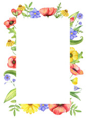 Bright summer frame for wedding invitations, cards, menus. Watercolor flowers, peonies and wildflowers