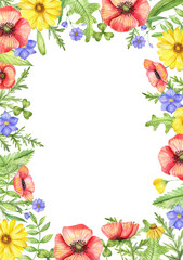 Bright summer frame for wedding invitations, cards, menus. Watercolor flowers, peonies and wildflowers