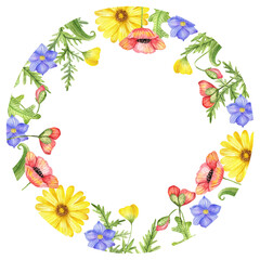 Bright summer wreath frame for wedding invitation, postcard, menu. Watercolor flowers, peonies and wildflowers