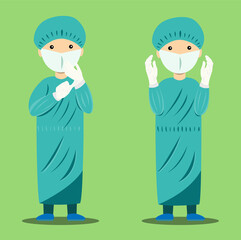Doctor in green surgical gown wearing mask,hairnet and rubber gloves showing his hands preparing to surgery vector
