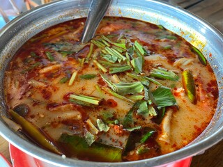 hot spicy and sour soup with shrimp or tom yum kung , traditional food in Thailand