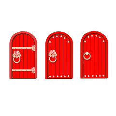 Fairytale set red door of a beautiful princess. Antique door with forged decorations. Entrance to the magical land. Cartoon style. Collection vector illustration isolated on a white background.
