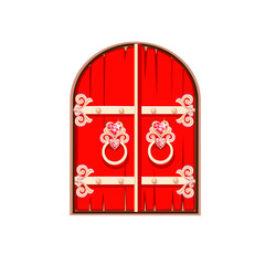 Fairytale red door of a beautiful princess. Antique door with forged decorations. Entrance to the magical land. Cartoon style. Vector illustration isolated on a white background.