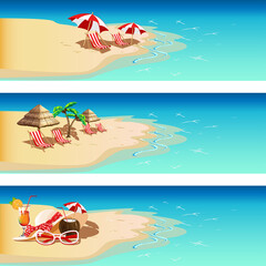 Set of banners with the image of the beach bar, the sea, cocktails, a deck chair, parasols, sun glasses, and a summer hat. Templates for invitations and advertising. Vector illustration in cartoon sty