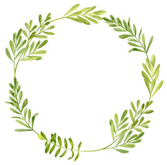 Watercolor green leaves wreath. Hand drawn round frame template with tea tree plants isolated on white background. Painted herbs for cosmetics, invitation, card, save the date, wedding, baby shower