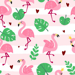 Seamless pattern with cartoon flamingos. Summer tropical vector texture on a white background. Background for a children's book, print, poster, stickers, fabric, wrapping paper.