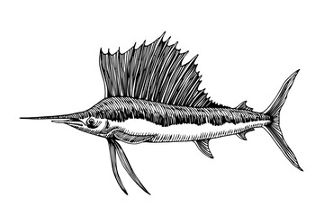 sailfish, marlin with large fin, commercial marine fish, delicious seafood, engraving, sketch, vector illustration with black ink lines isolated on a white background in a hand drawn style © Николай Шитов