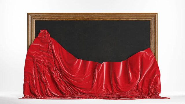  Wooden chalkboard frame with a red silk cloth. Falling cloth with green chroma key, 4k