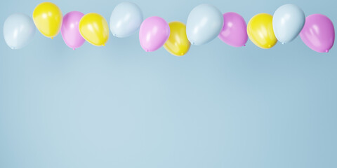 Sky blue yellow and purple balloons floating in blue color pastel background room studio. minimal idea creative concept. Congratulation. happy. Space for text