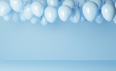 Sky blue balloons floating in blue color pastel background room studio. minimal idea creative concept. Congratulation. happy. Space for text