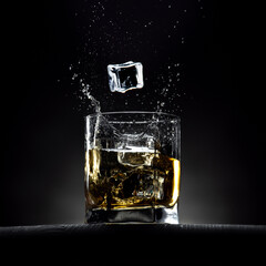 Glass of whiskey with ice cubes falling in it with splashes and drops. On the wooden table with dark background