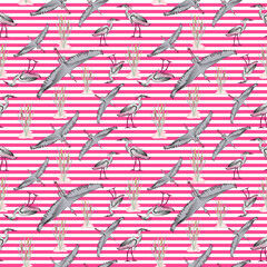 Stork and red stripes seamless pattern. Creative hand drawn background. Trandy graphic design for baners, greeting cards, cover, invitations and print.