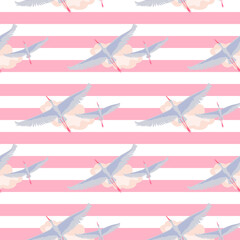 Stork and clouds and pink stripes seamless pattern. Creative hand drawn background. Trandy graphic design for baners, greeting cards, cover, invitations and print.