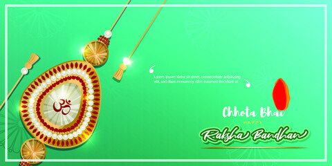 Indian festival offer banner /greeting background concept for raksha bandhan with brother sister, sacred love band on beautiful geometrical backdrop, written text means elder brother happy rakhi