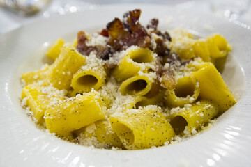 Pasta carbonara: bacon and egg - 366984170