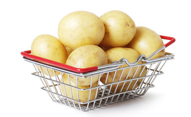 Basket with young potato isolated on white background