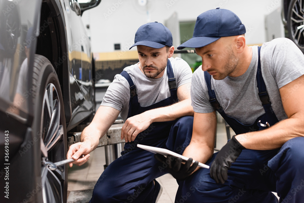 Wall mural selective focus of mechanic holding digital tablet near coworker with wrench repairing car