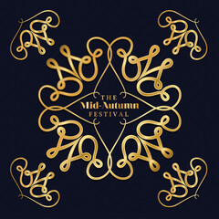 Mid autumn harvest moon festival inside ornament gold frame on dark blue background design, Oriental chinese and celebration theme Vector illustration