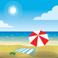 beach with umbrella and towel, vector illustration 