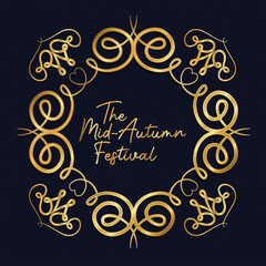 Mid autumn harvest moon festival inside ornament gold frame on dark blue background design, Oriental chinese and celebration theme Vector illustration