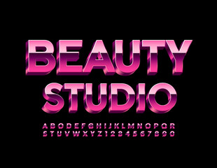 Vector stylish Sign Beauty Studio.  Pink metal 3D Font. Chic Alphabet Letters and Numbers