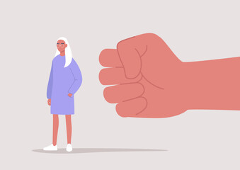 Modern society problems, a giant clenched fist attacking a young female character, a gender discrimination