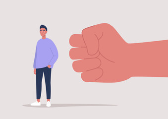 Modern society problems, a giant clenched fist attacking a young male character, discrimination