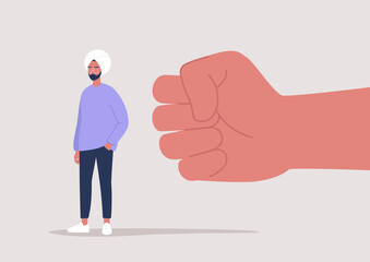 Modern society problems, a giant clenched fist attacking a young indian male character, racism and discrimination