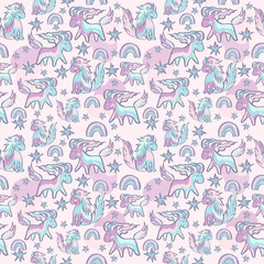 Unicorn  and stars seamless pattern. Hand drawn.Creative trandy designe for babies room decoration and clothes. Suitable for greeting card design and invitations and for print.