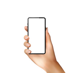 Realistic modern phone with realistic hand and blank screen on a white background