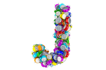 Letter J from colored alarm clocks, 3D rendering