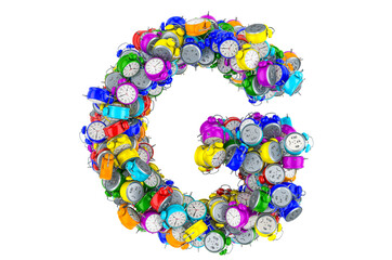 Letter G from colored alarm clocks, 3D rendering