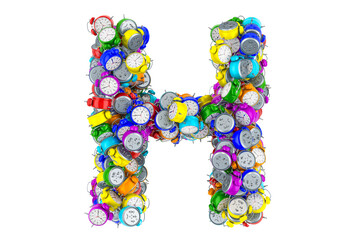 Letter H from colored alarm clocks, 3D rendering