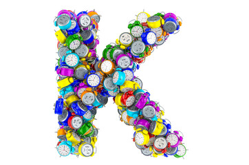 Letter K from colored alarm clocks, 3D rendering