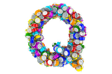 Letter Q from colored alarm clocks, 3D rendering