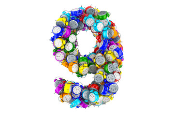 Number 9 from colored alarm clocks, 3D rendering